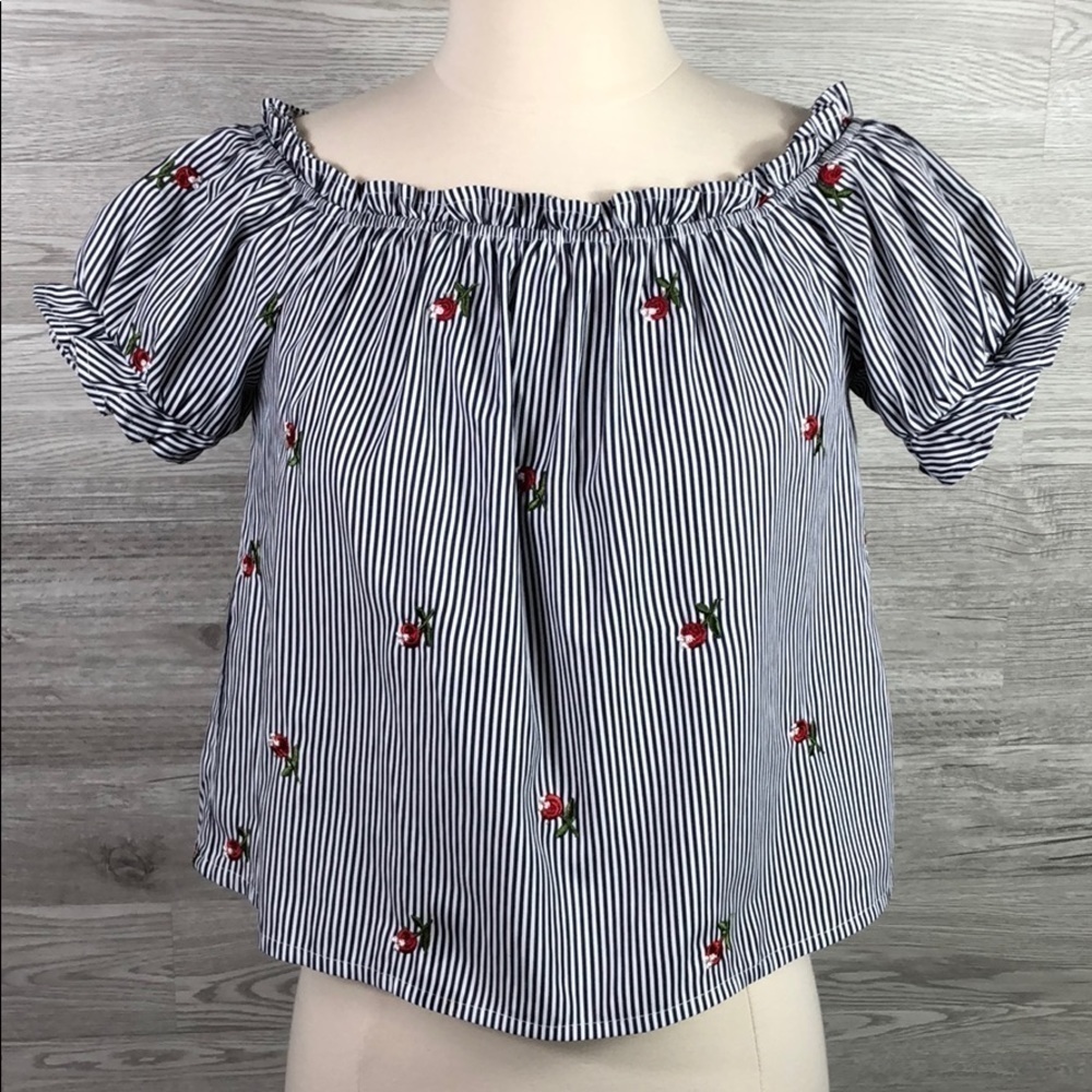 Summer Pin Stripe Womens Off Shoulder Crop Baby Doll Top Cherry Small Blue White